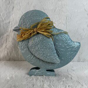 Easter Embossed Blue Metal Baby Chick decor With Raffia Bow Rustic Farmhouse